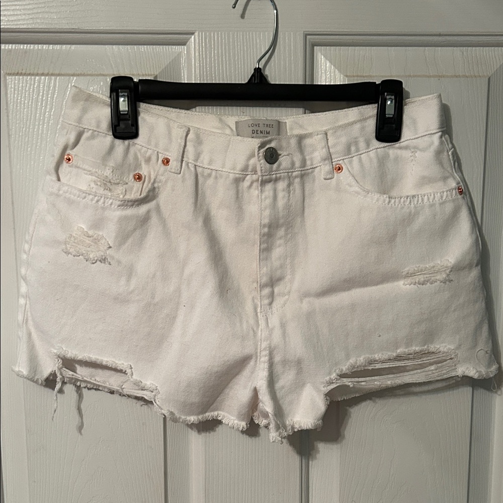 Love Tree Women's Cream Distressed Jean Shorts